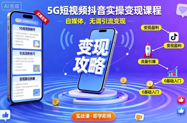 5G短视频抖音实操变现课程，自媒体引流变现指南-无双副业