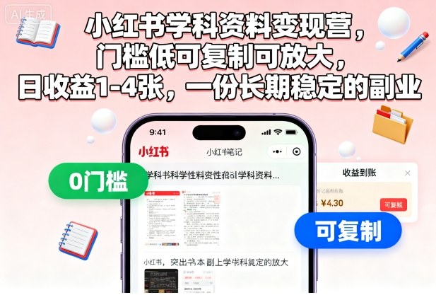 小红书学科资料变现营，门槛低可复制可放大，长期稳定副业-无双副业