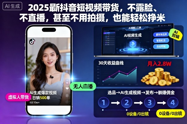 最新抖音短视频带货不露脸不直播轻松赚钱-无双副业