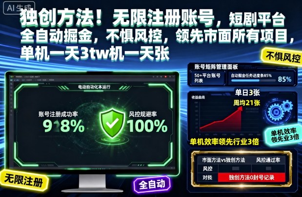 独创方法无限注册短剧平台账号全自动掘金不惧风控单机日赚3张-无双副业